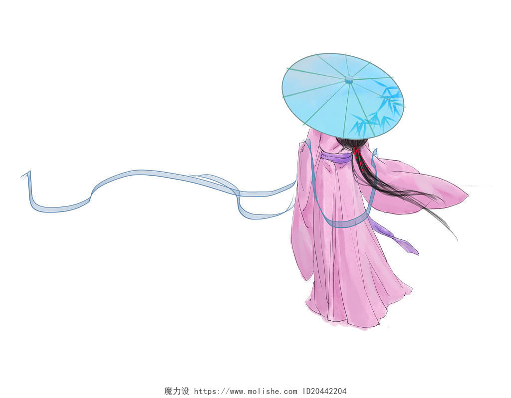 彩色手绘卡通古风古代女子人物撑伞元素PNG素材